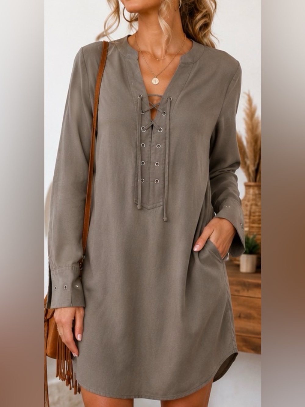 Theory Size 4 Lace-Up Tencel Shift Dress in Taupe/Olive – NWOT. So Soft!